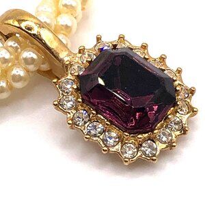 Vintage Roman Triple-Strand Faux Pearl Necklace with Purple Emerald-Cut Pendant